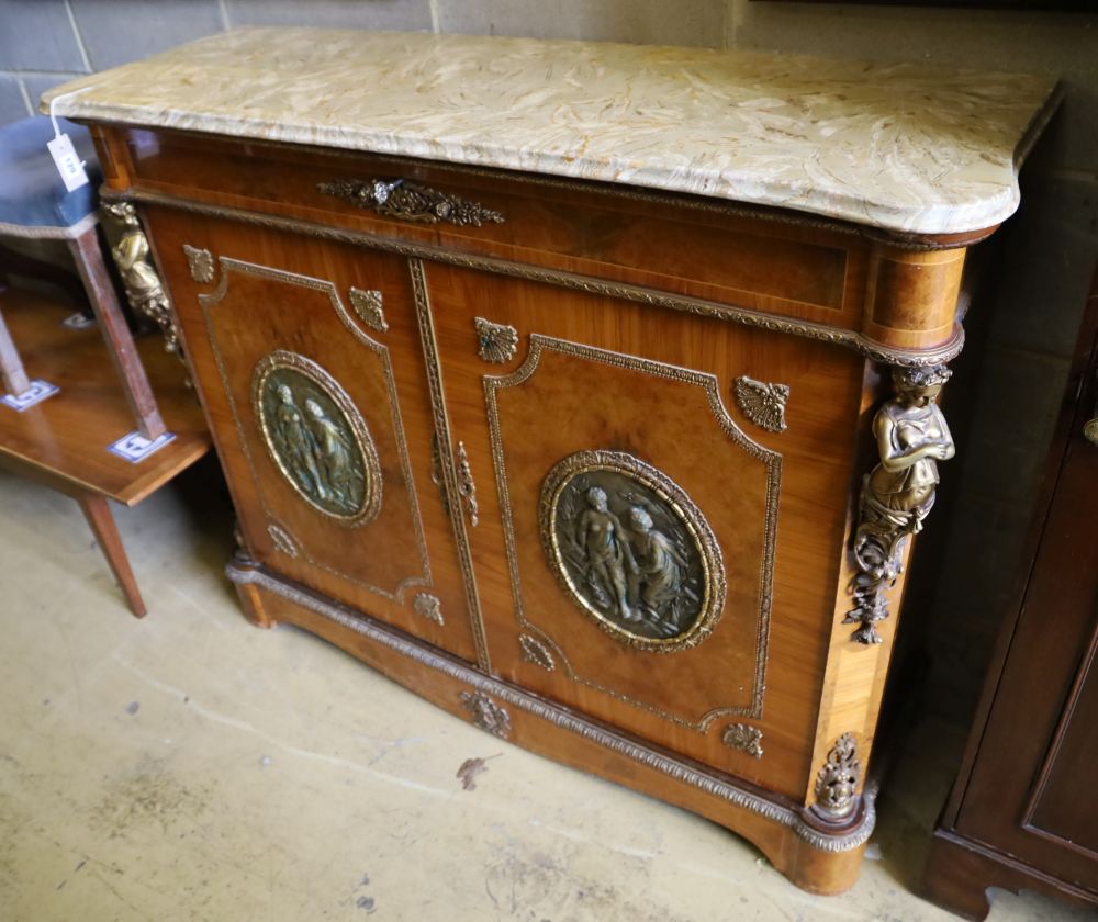 A Louis XV design marble top, gilt metal mounted, kingwood and birds eye maple side cabinet, width 126cm, depth 42cm, height 102cm
